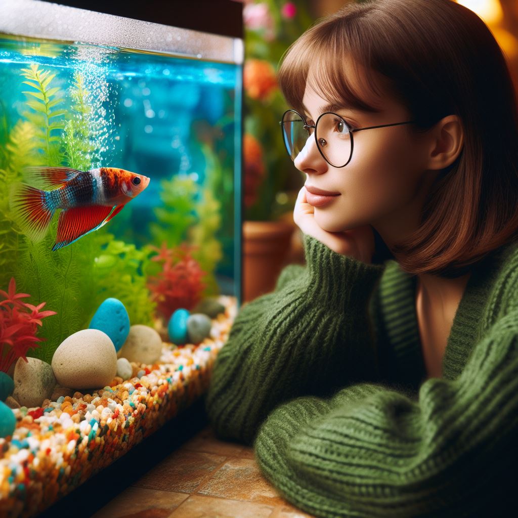 水槽の中の魚を見ている女性